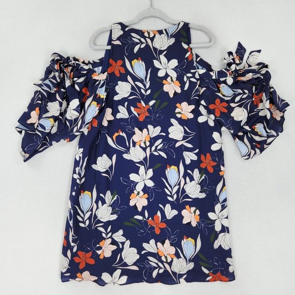 Parker Dress Womens Medium Blue Floral Moondance Shift Cold Shoulder Ruffle NEW - Picture 12 of 13